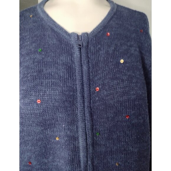 Tiara International Reindeer Cardigan Sweater M Zip Sequins Holiday Vtg Kitsch - Picture 2 of 8